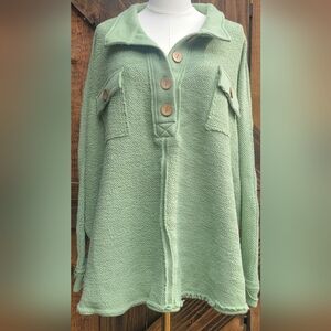 Green Textured Button-Up Sweater